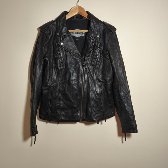 Derringer 100% Lambskin Leather Vented Moto Jacket sz L Black Silver Biker - Picture 2 of 14